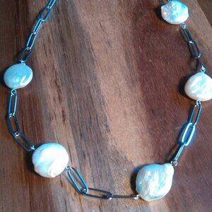 White Freshwater Coin Pearl Stainless Steel Necklace